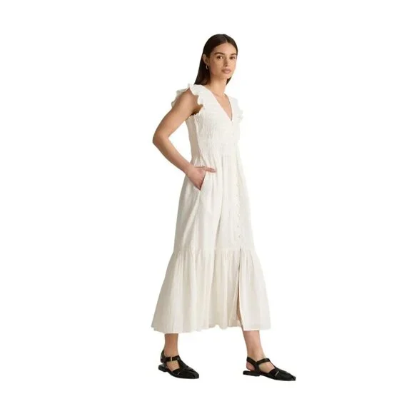 Quince Organic Textured Cotton Smocked V-Neck Midi Dress White S New Anthro